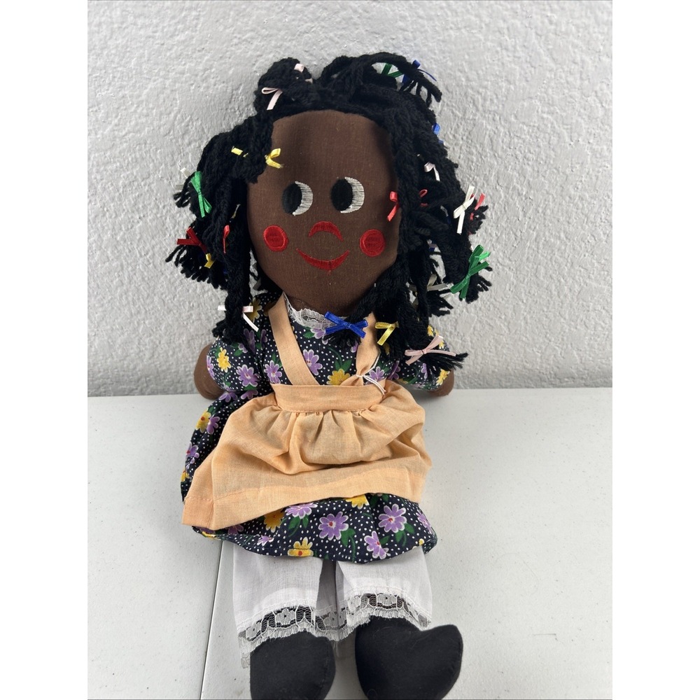 Black Americana 17" Cloth Rag Doll Braided Hair, Dress & Apron Embroidered Face